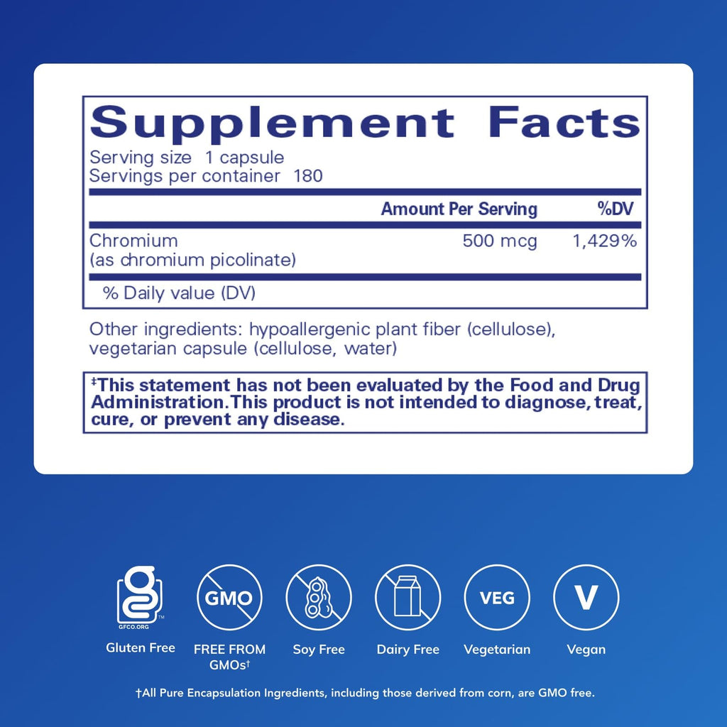 Pure Encapsulations Chromium (Picolinate) 500 mcg - for Lipid & Carbohydrate Metabolism* - Mineral Supplement - Superior Absorption Chromium Supplement - Vegan & Gluten Free - 180 Capsules