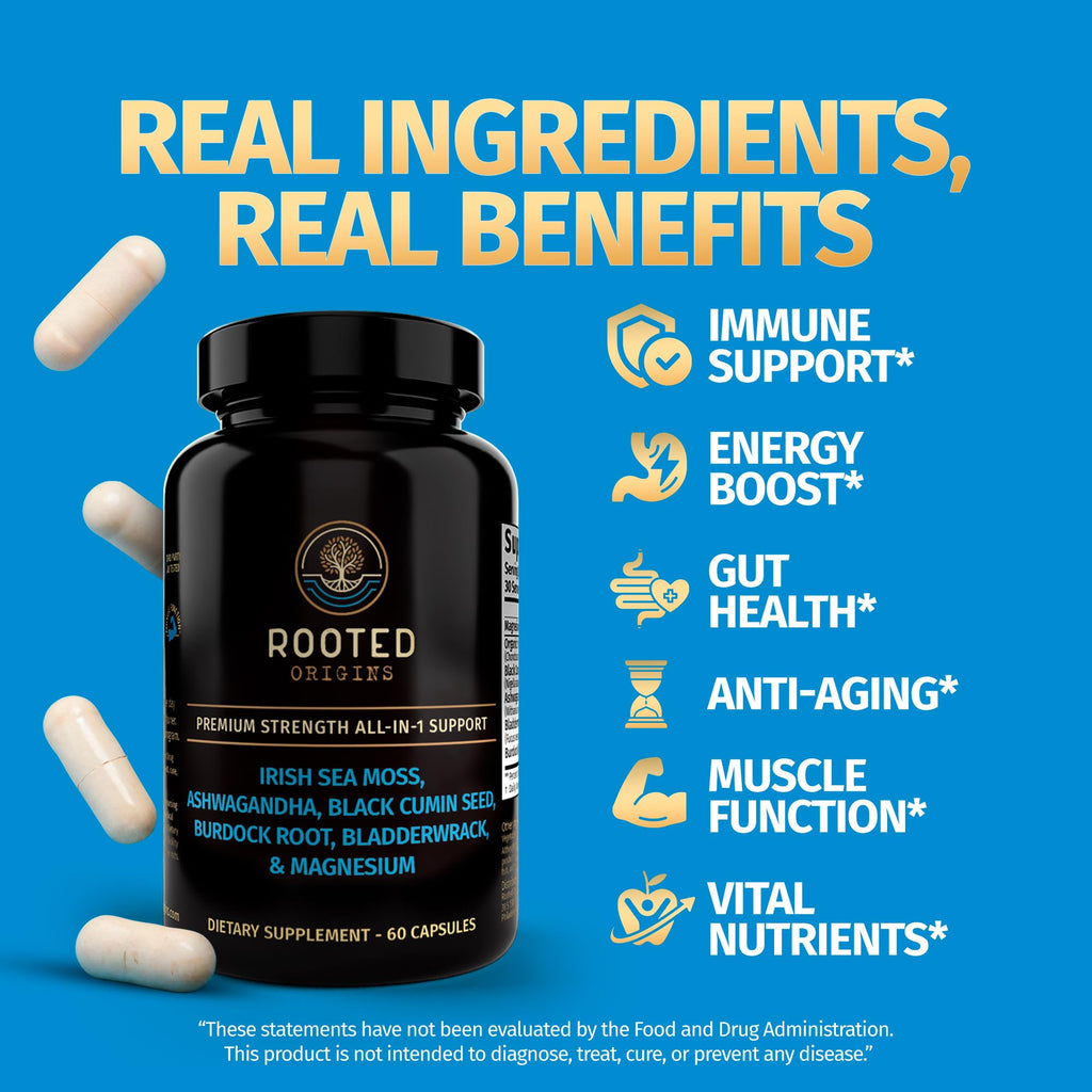 Rooted Origins Sea Moss Capsules – Irish Sea Moss Advanced, Magnesium, Ashwaghanda, Black Seed Oil, Burdock Root & Bladderwrack – Immune Support, Gut Health, Energy, & More – 60 Capsules