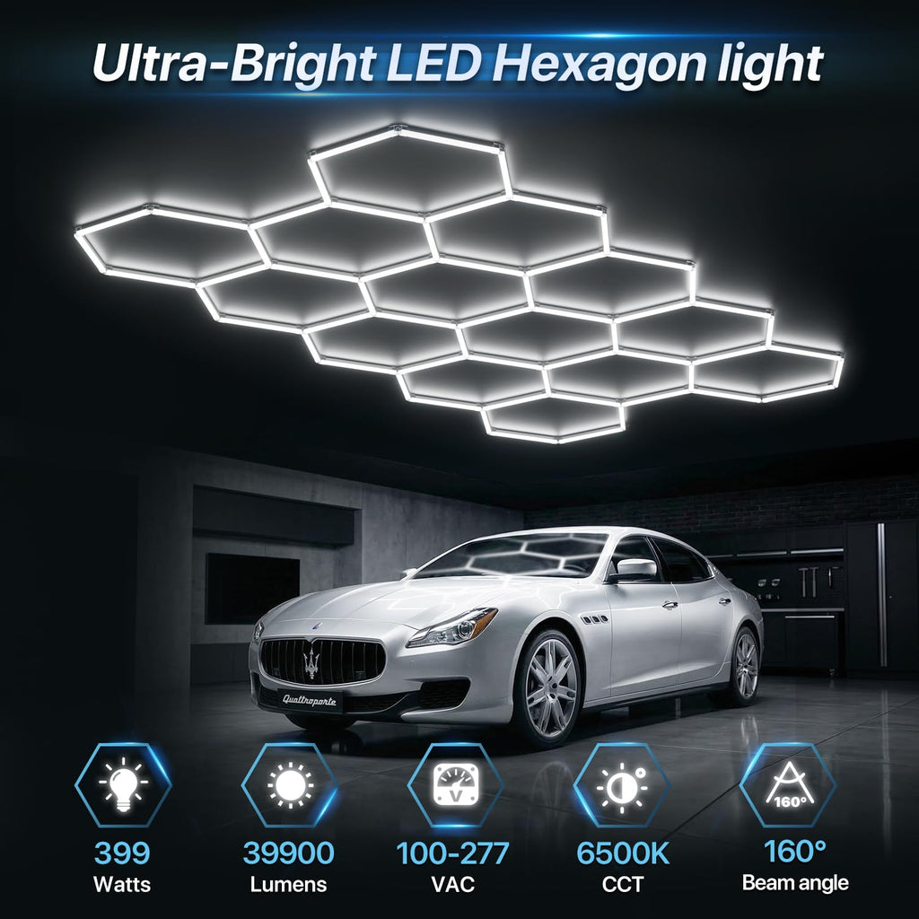 HYPERLITE Gen II Hexagon Garage Lights: 399W 39900LM 14 Grids Hexagon Led Light, 6500K Ultra Bright Honeycomb Hex Lights, Easy Install, Durable Design for Garage, Car Detailing, Workshops, Shops, Gym
