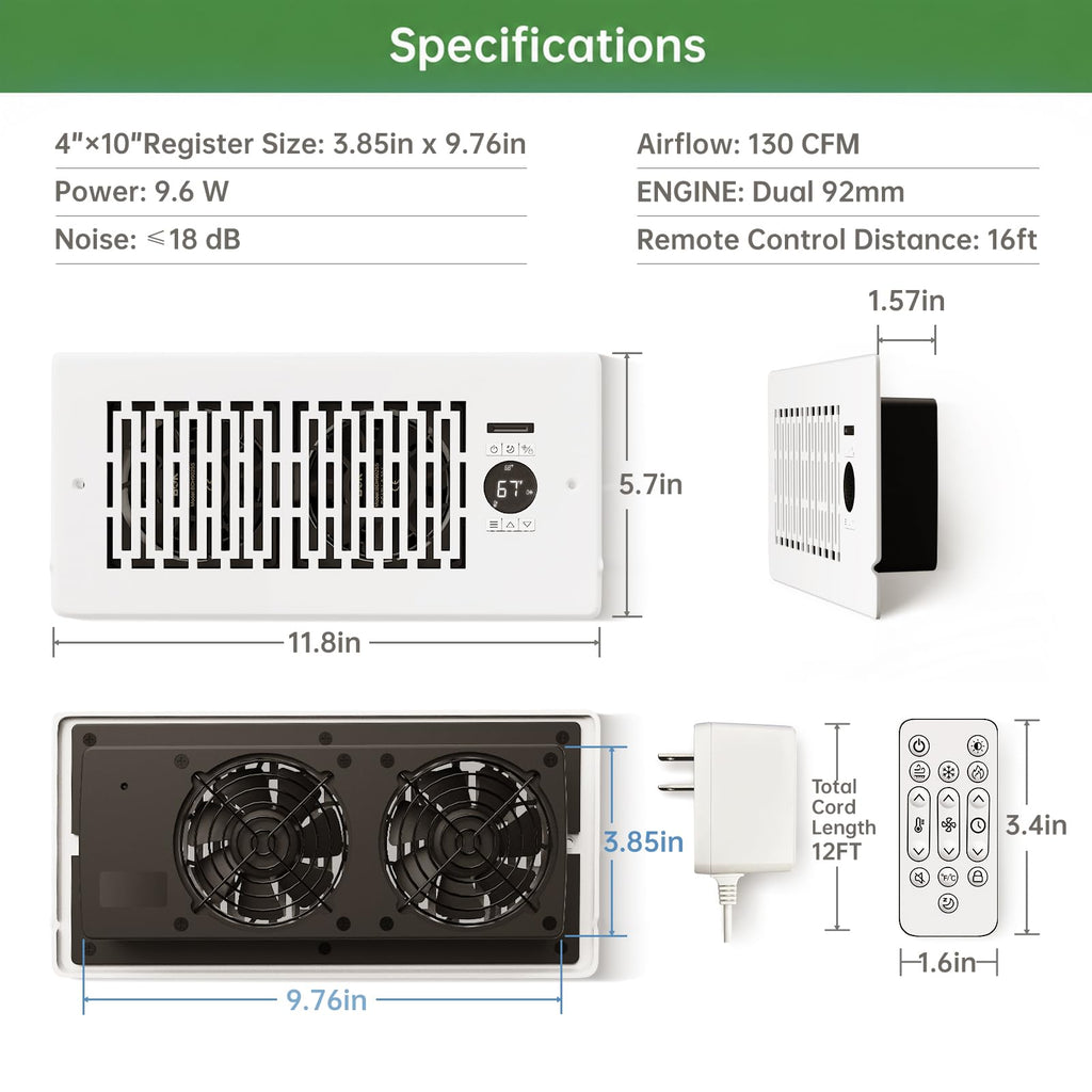 MOTCTQVD Smart Register Booster Fan for 4" x 10" Vents, Thermostat Control Improves Heating/Cooling, 10-Speed Quiet Vent Fan Booster with Remote Control for Floor or Wall Ducts