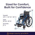 Drive Medical Blue Streak Lightweight Wheelchair - Portable Folding Mobility Aid - Swing-Away Footrests - Desk Arms - Durable Steel Frame - Easy Transport & Storage - 18-Inch Seat