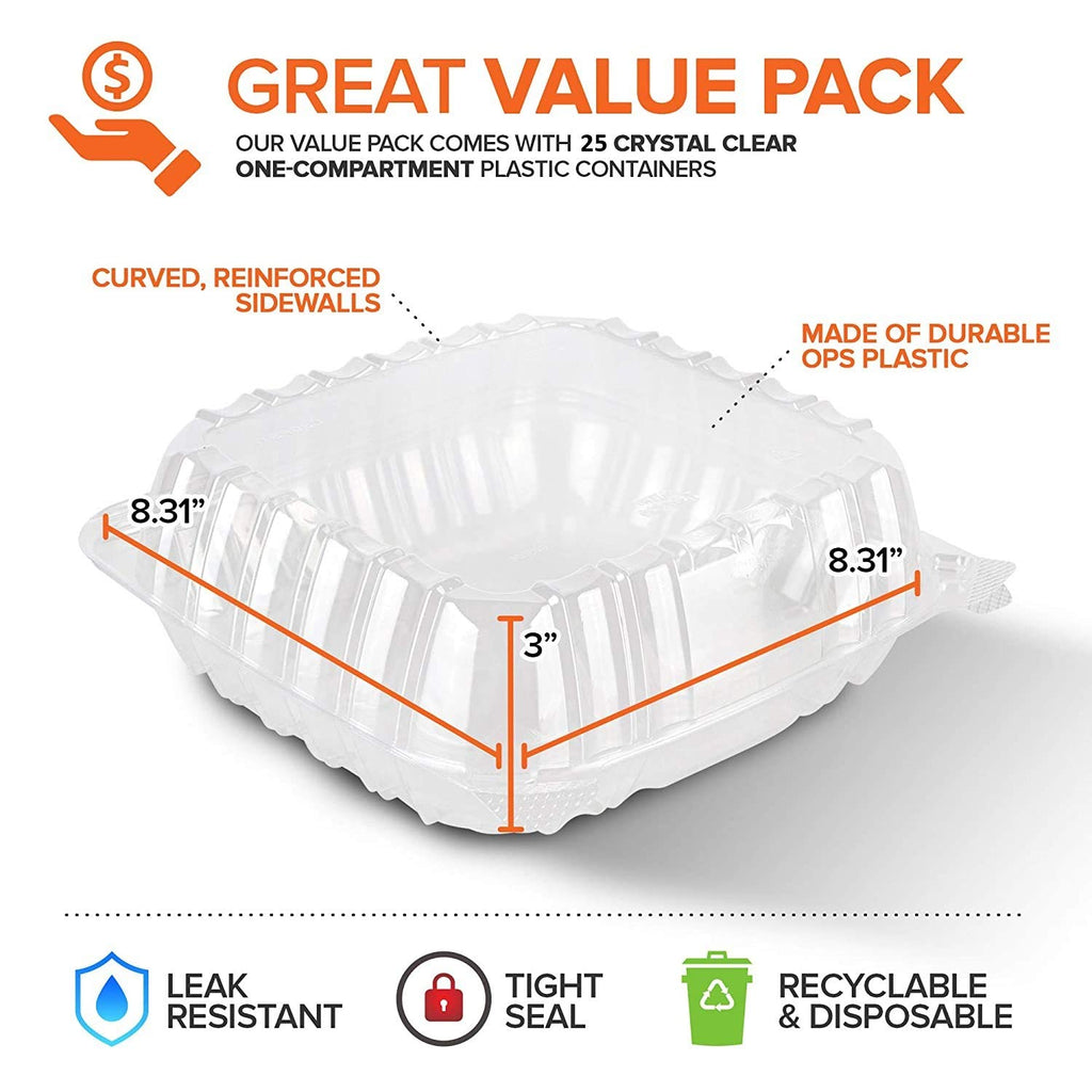Stock Your Home Plastic 8 x 8 Inch Clamshell Takeout Tray (25 Count) – Disposable Hinged Containers for Dessert, Salads, Pasta, Sandwiches & More