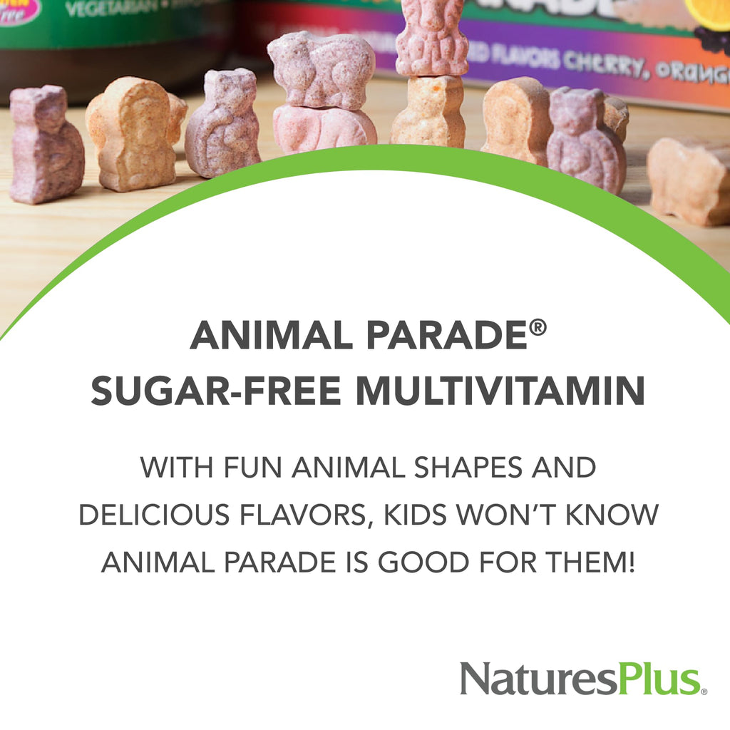 NaturesPlus Animal Parade Sugar-Free Children's Multivitamin - Assorted Cherry, Grape & Orange Flavors - Pack of 2, 90 Chewable Tablets - 90 Total Servings