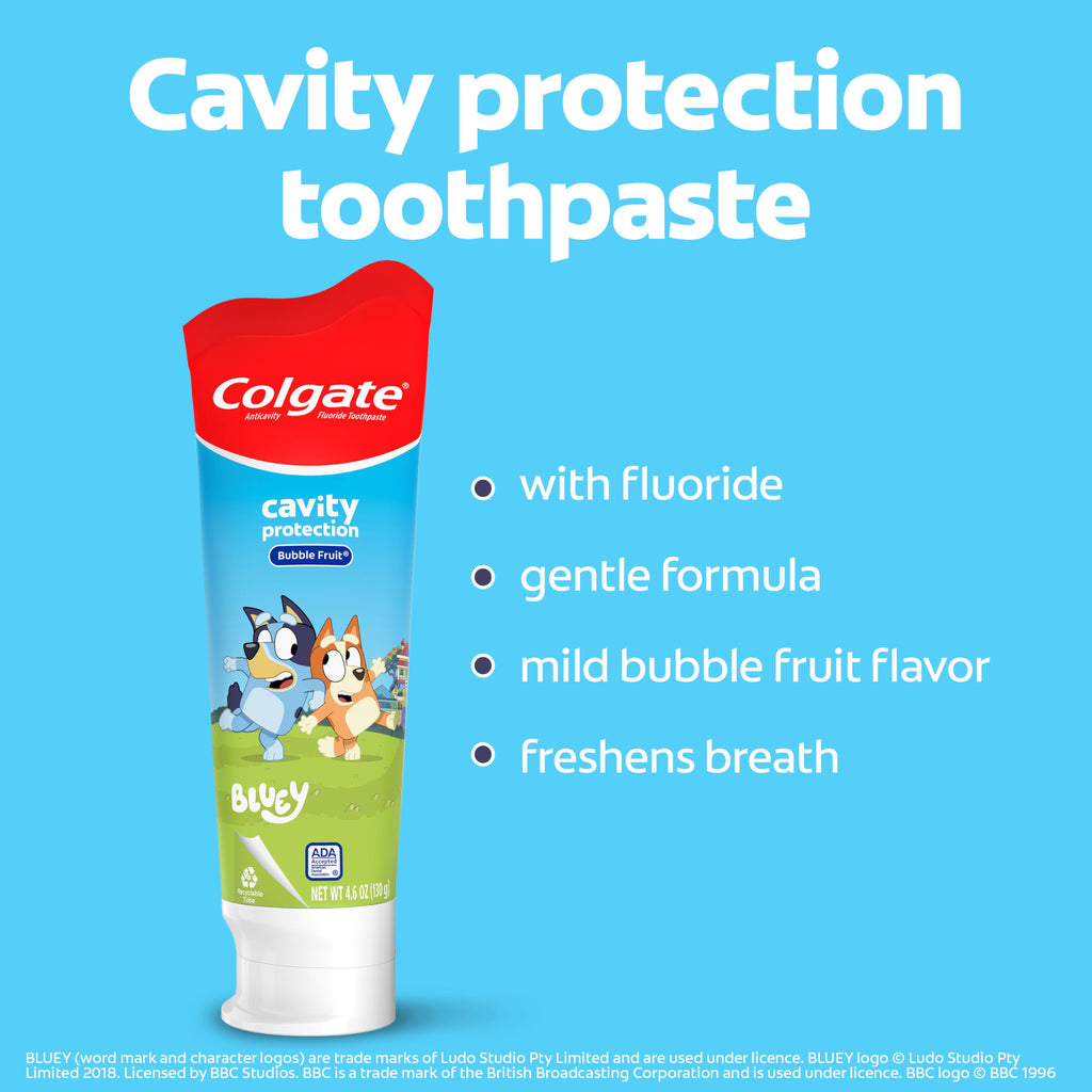 Colgate Kids Bluey Toothbrush and Kids Toothpaste Gift Set, Includes Bluey-Themed Battery Toothbrush, 2 Bubblegum Flavored Fluoride Toothpastes, and 2 Manual Toothbrushes