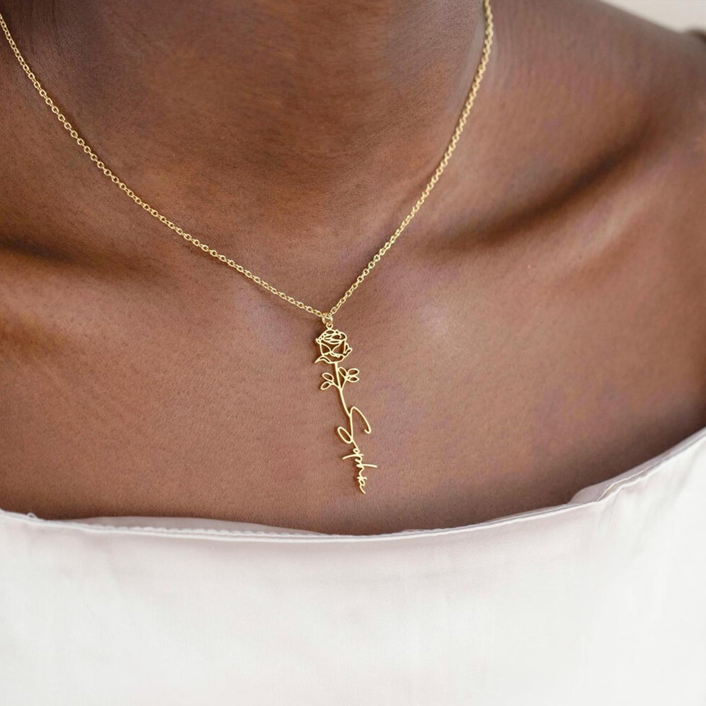 Elemtansy Custom Name Necklace with Birth Flower, Personalized Jewelry Necklaces for Women, 18K Gold Name Plate Necklaces Personalized Mothers Day Birthday Gifts for Women Sister Best Friend