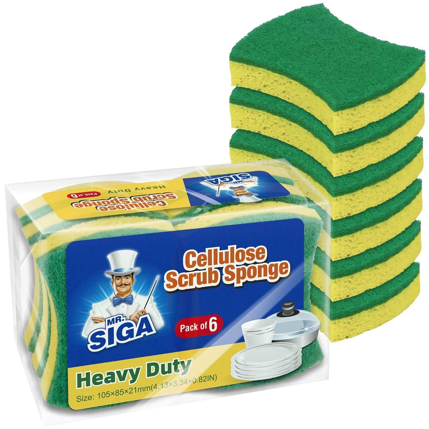 MR.SIGA Multi-Use Cellulose Scrub Sponge, Dual-Sided Dishwashing Sponge for Kitchen, 12 Pack