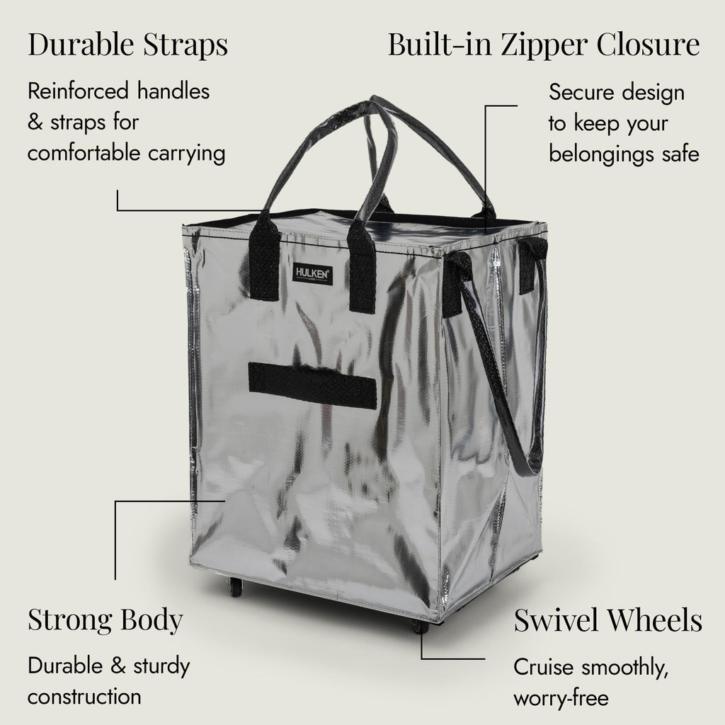 (Large, Silver) Reusable Grocery Bag On Wheels, Shopping Trolley, Rolling Tote, Zipper Closure, Lightweight, Carries Up to 66 lb, Folds Flat, Unbreakable Handles