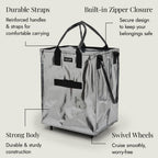 (Large, Silver) Reusable Grocery Bag On Wheels, Shopping Trolley, Rolling Tote, Zipper Closure, Lightweight, Carries Up to 66 lb, Folds Flat, Unbreakable Handles