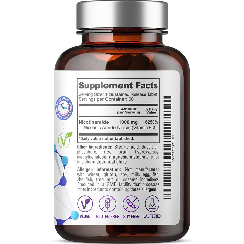 biophix B-3 Nicotinamide 1000 mg 60 Tablets Extra Strength Timed Release - Nicotinic Amide Niacin Natural Flush-Free Vitamin Formula - Supports Skin Cell Health