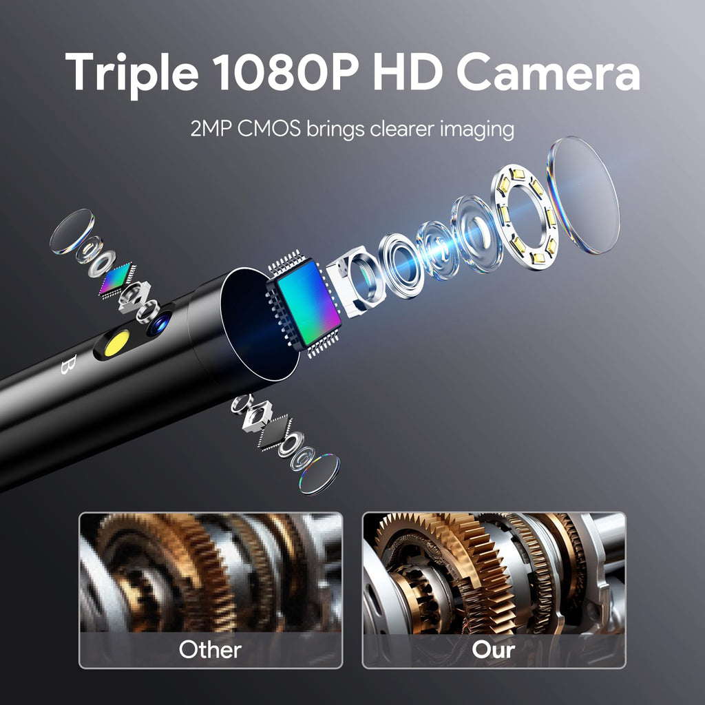DEPSTECH Inspection Endoscope Camera with Lights: Triple Lens 5" IPS Screen Snake Camera with 16.5FT Flexible Cable, Waterproof 1080P Industrial Borescope Tool for Auto, Wall, Sewer, Pipe, Mechanics
