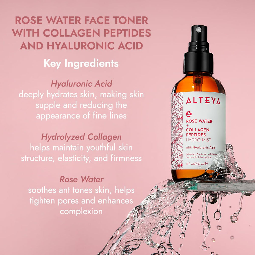 Alteya Organics Rose Water Face Toner – With Collagen Peptides & Hyaluronic Acid – Hydrating Facial Mist for Anti-Aging, Firming & Radiant Skin – 4 Fl Oz / 120mL