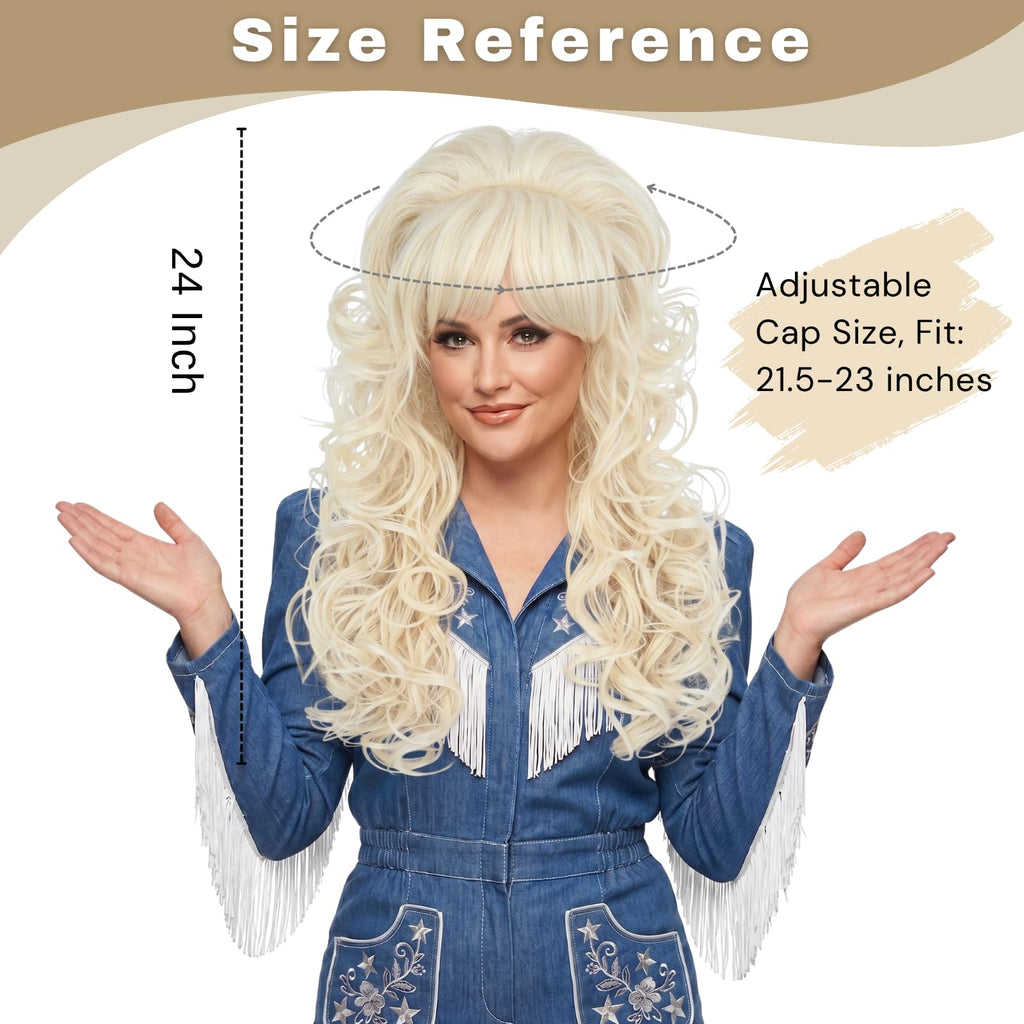 Long Big Blonde Curly Wig with Bangs for Women Costume, 24 Inch Wavy Hair