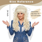 Long Big Blonde Curly Wig with Bangs for Women Costume, 24 Inch Wavy Hair