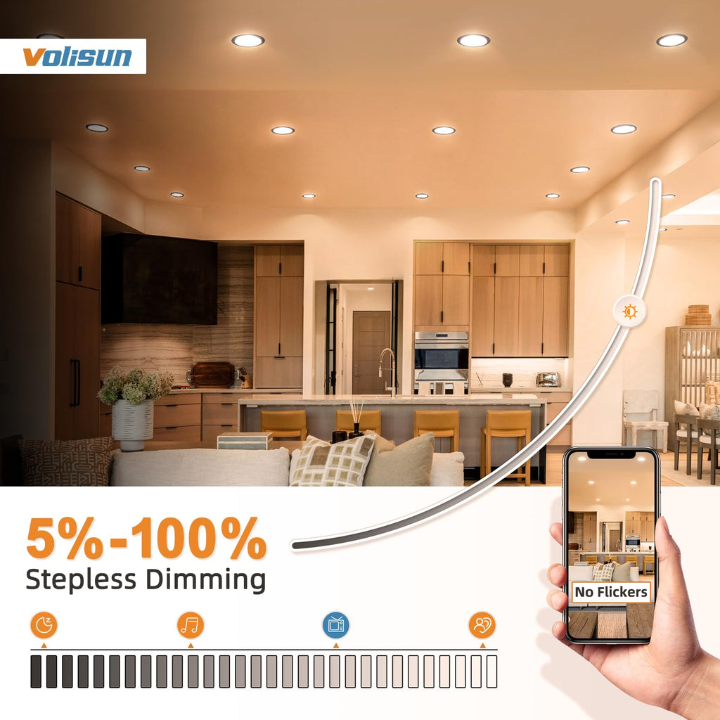 VOLISUN 24 Pack 6 inch Recessed Lighting, 5CCT LED Recessed Light Black, 2700K-5000K Selectable, 13W Eqv 120W, 1080LM Dimmable Canless Wafer Downlight, LED Ceiling Light ETL Certificated