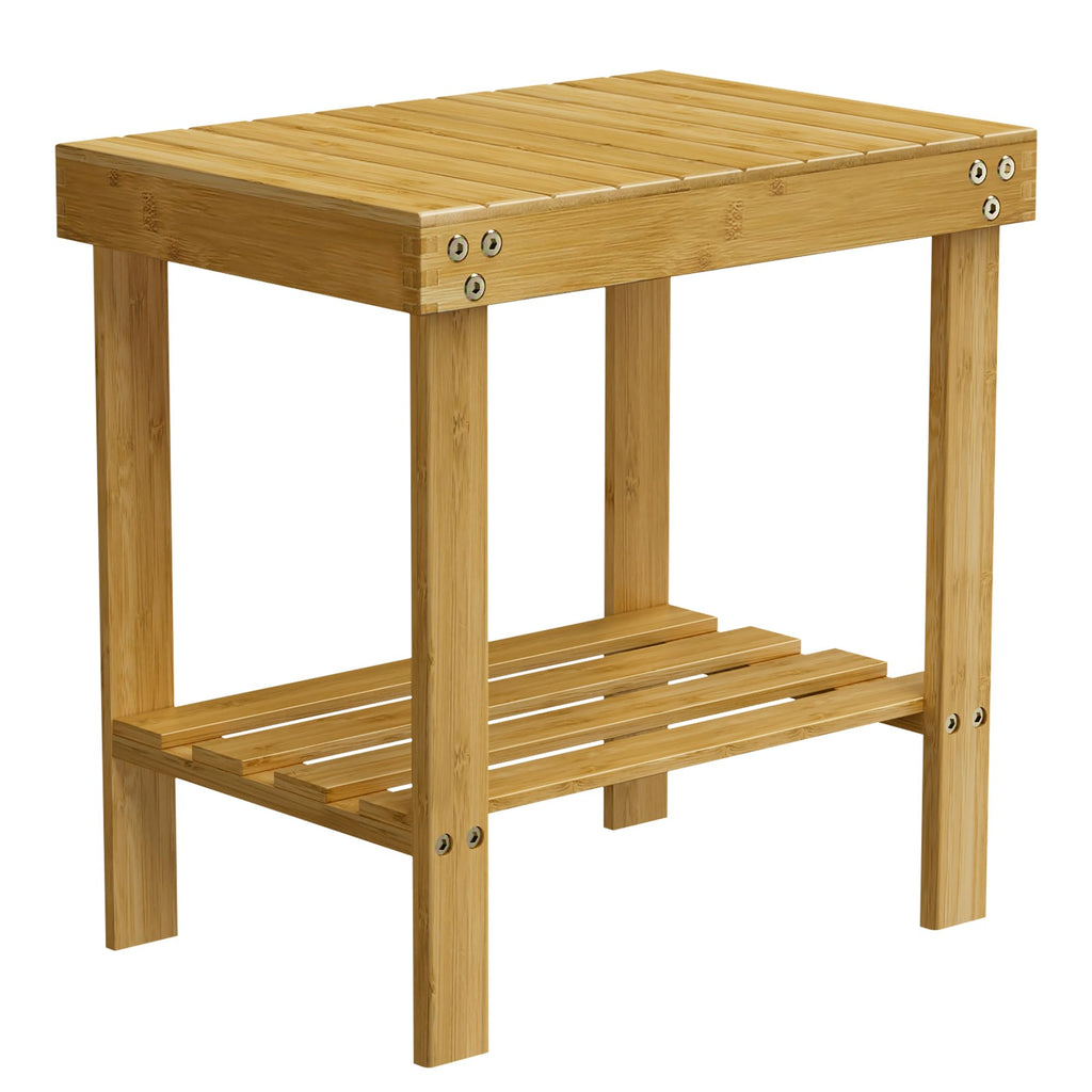 Bamboo Shower Bench, Shower Chair with Non-Slip Feet Storage Shelf Safe and Stable, Kids Adults Wooden Stool for Bathroom, Bedside, Living Room, Spa