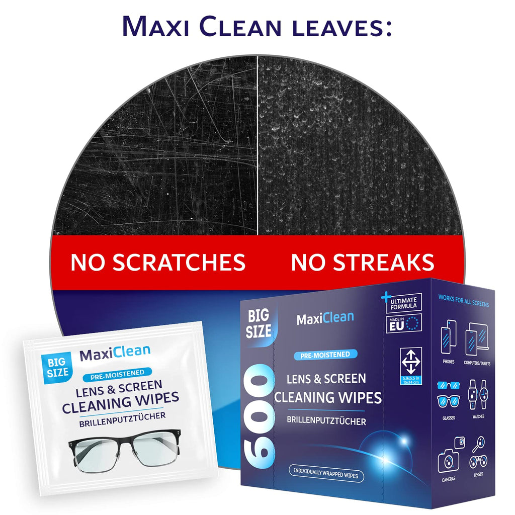 Glasses Wipes Lens Cleaner - Lens Wipes for Eyeglasses - 600 Pre-moistened Individually Wrapped Wipes for Eye Glasses, Electronics, Phone, Computer, Laptop Screen - Camera Lens Cleaner - Made in EU