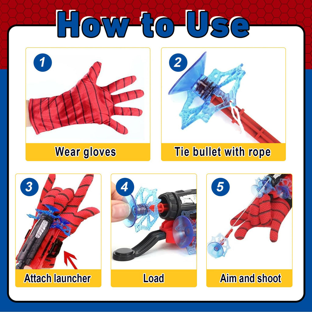3 Sets Spider Web Shooters Halloween Party Favors Decorations for Kids Wrist Launcher Toys with Hero Gloves Auto Resetting Boards Spider Cape and Mask Cosplay Costume for Kids Birthday Party