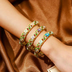 FIVESWEET Trendy 18K Gold Plated Bangle Bracelets Set for Women, Enamel Craft Jewelry-Floral Element , Retro Fashion Palace Style, Zinc Alloy with Rhinestones, 2.4Inch Diameter Fits Most Adults, Perfect Jewelry Gift Idea for Her, Girlfriend, Wife, Mom, Si