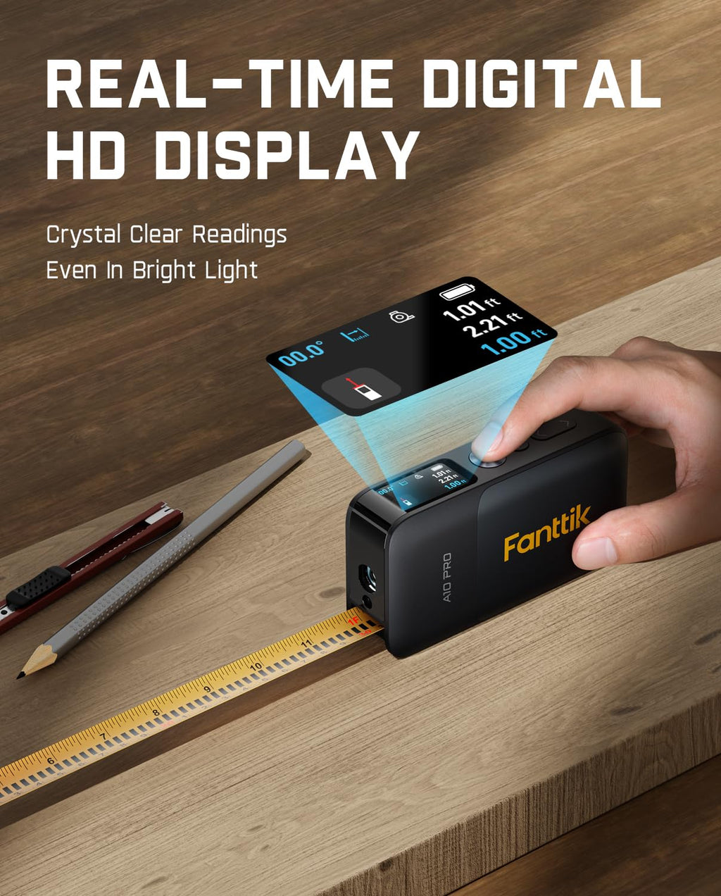 Fanttik A10 Pro 2-in-1 Digital Laser Tape Measure with HD IPS Color Display, 165Ft Rechargeable Laser Measurement Tool & 9.8Ft Measuring Tape, 6 Units Selectable, for Distance/Area/Volume
