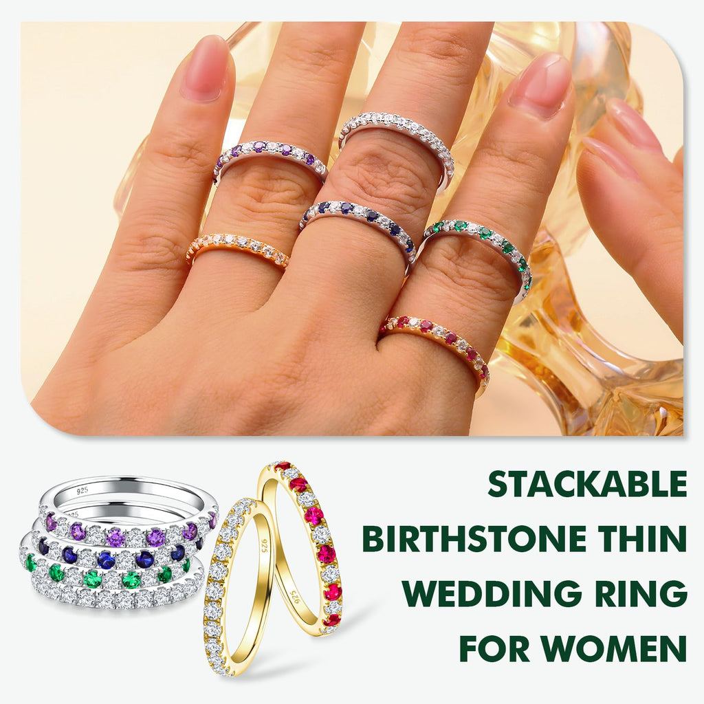 RANDES Sapphire and Cubic Zirconia Rings for Women 925 Sterling Silver Sapphire Band Ring September Birthstone Stackable Rings Half Eternity Wedding Bands Size 6