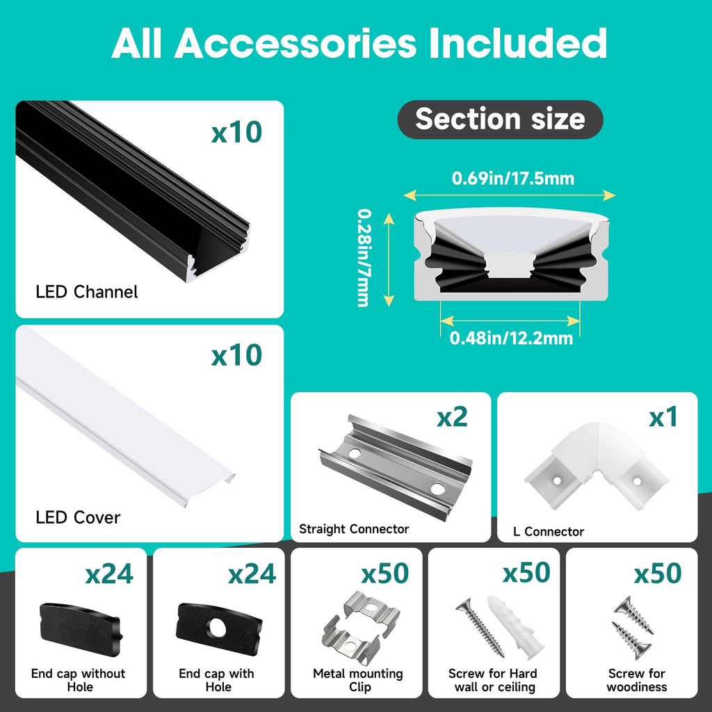 hunhun 10-Pack 6.6ft/2Meter U Shape Black LED Aluminum Channel System with Milky Cover, End Caps and Mounting Clips, Aluminum Channel Profile for LED Strip Light Diffuser Installations (10pack*6.6ft)