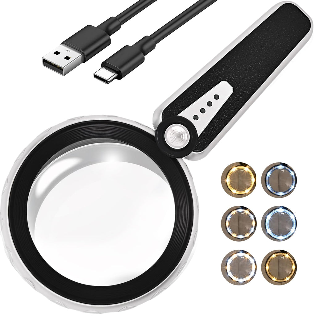 HUIBOER 45X Magnifying Glass with Light, 4.6 Inch 1200mAh USB Rechargeable Large Handheld Magnifier, 6 Color Modes, Perfect for Low Vision Seniors, Macular Degeneration & Fine Print (Black)