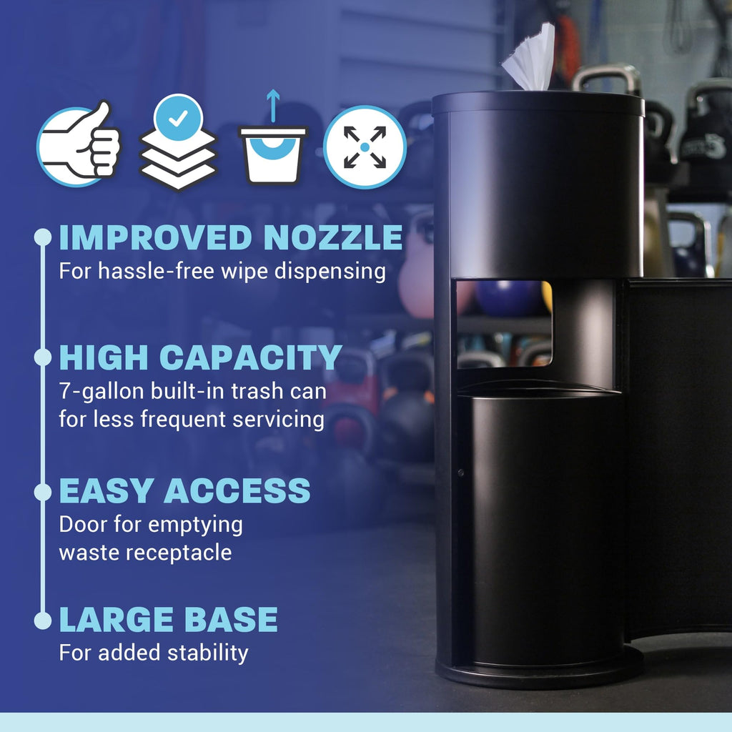 Zogics Gym Wipes Dispenser Stand and Trash Bin – Dual-Purpose Wet Wipes Dispenser for Sanitizing and Cleaning with Built-in 7 Gallon Trash Can, Black Galvanized Steel