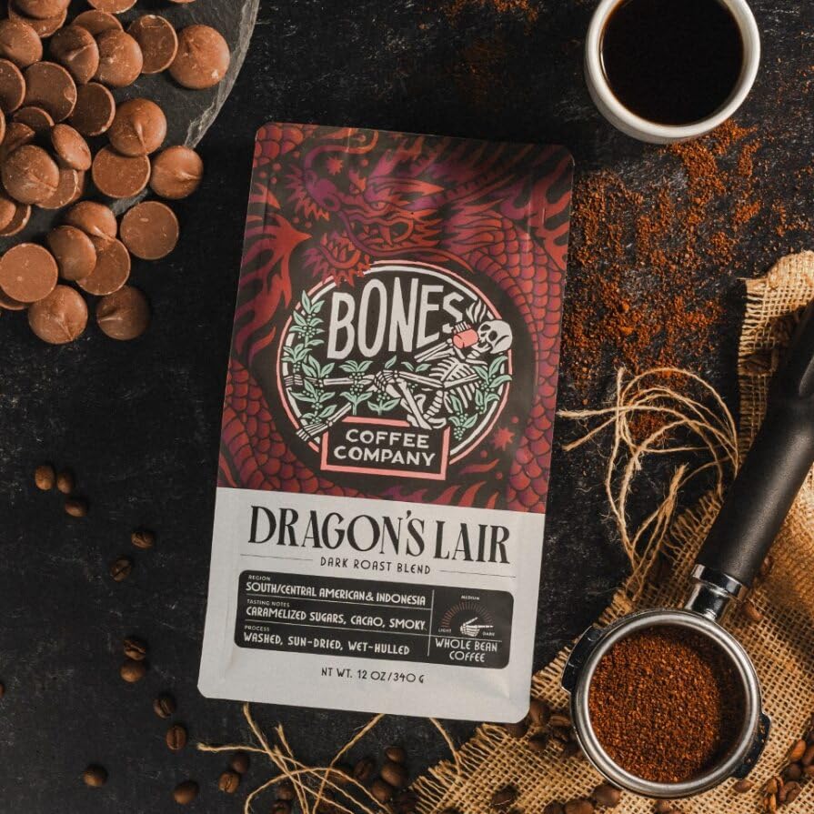 Bones Coffee Company Dragon's Lair Flavored Coffee Beans, Whole Bean Coffee Dark Roast Low Acid (12 oz)