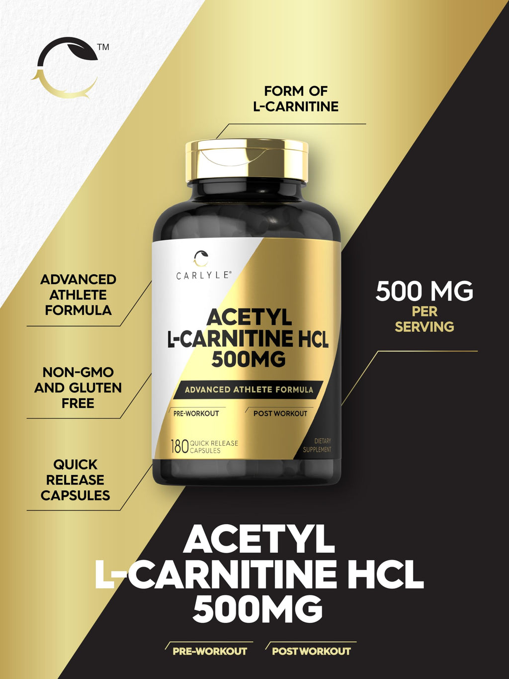 Carlyle Acetyl L-Carnitine HCL Supplement | 500mg Capsules | 180 Count | Advanced Athlete Formula | Non-GMO & Gluten Free