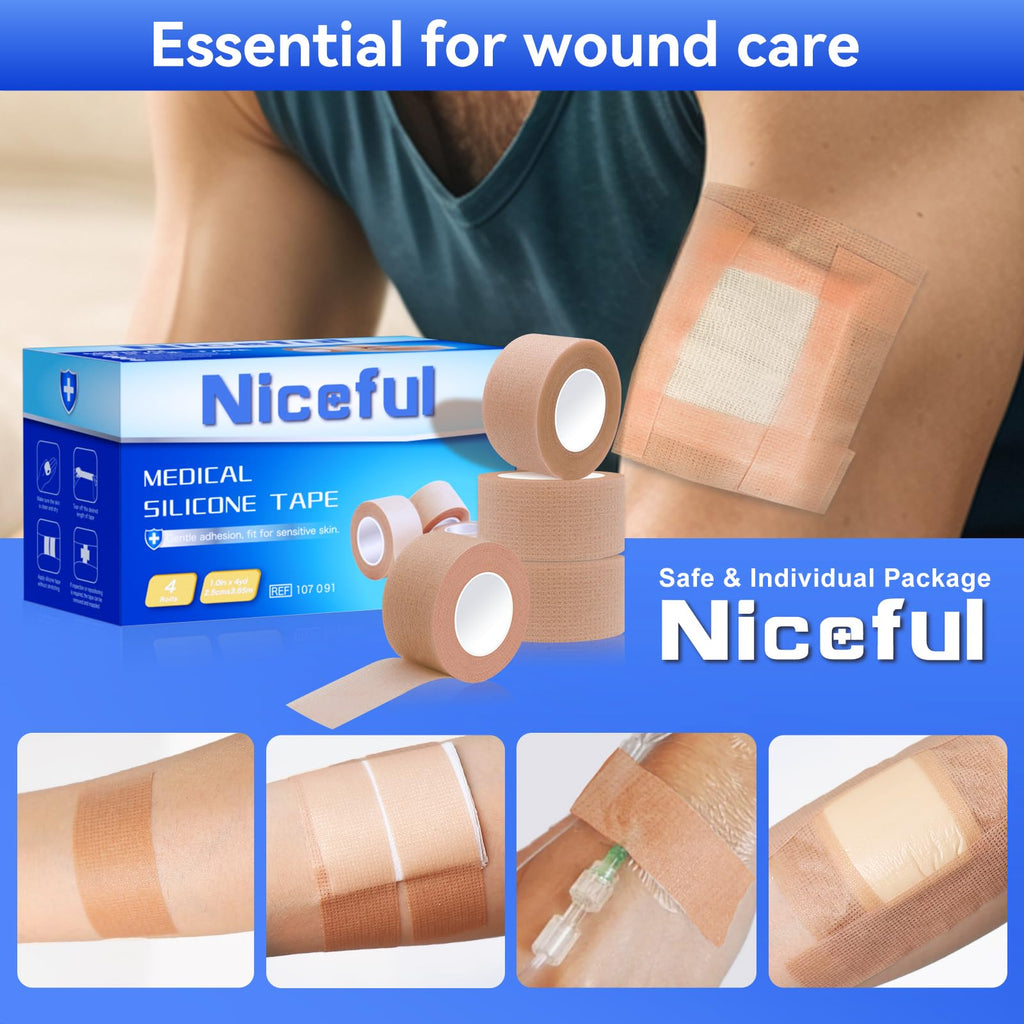 Niceful Silicone Medical Tape, for Sensitive Skin Safe, 1" x4Yd 4 Rolls