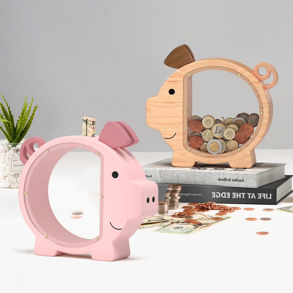 Summidate Pink Piggy Bank for Kids Girls,Large Wooden Pig Money Banks