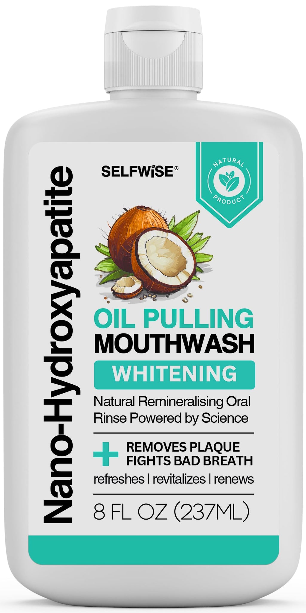 Nano-Hydroxyapatite Oil Pulling Whitening Mouthwash for Teeth and Gums, Natural & Organic, Whitens Teeth, Strengthens Enamel, Fights Bad Breath & Plaque – Smooth & Non-Greasy – for Adults & Kids 8oz