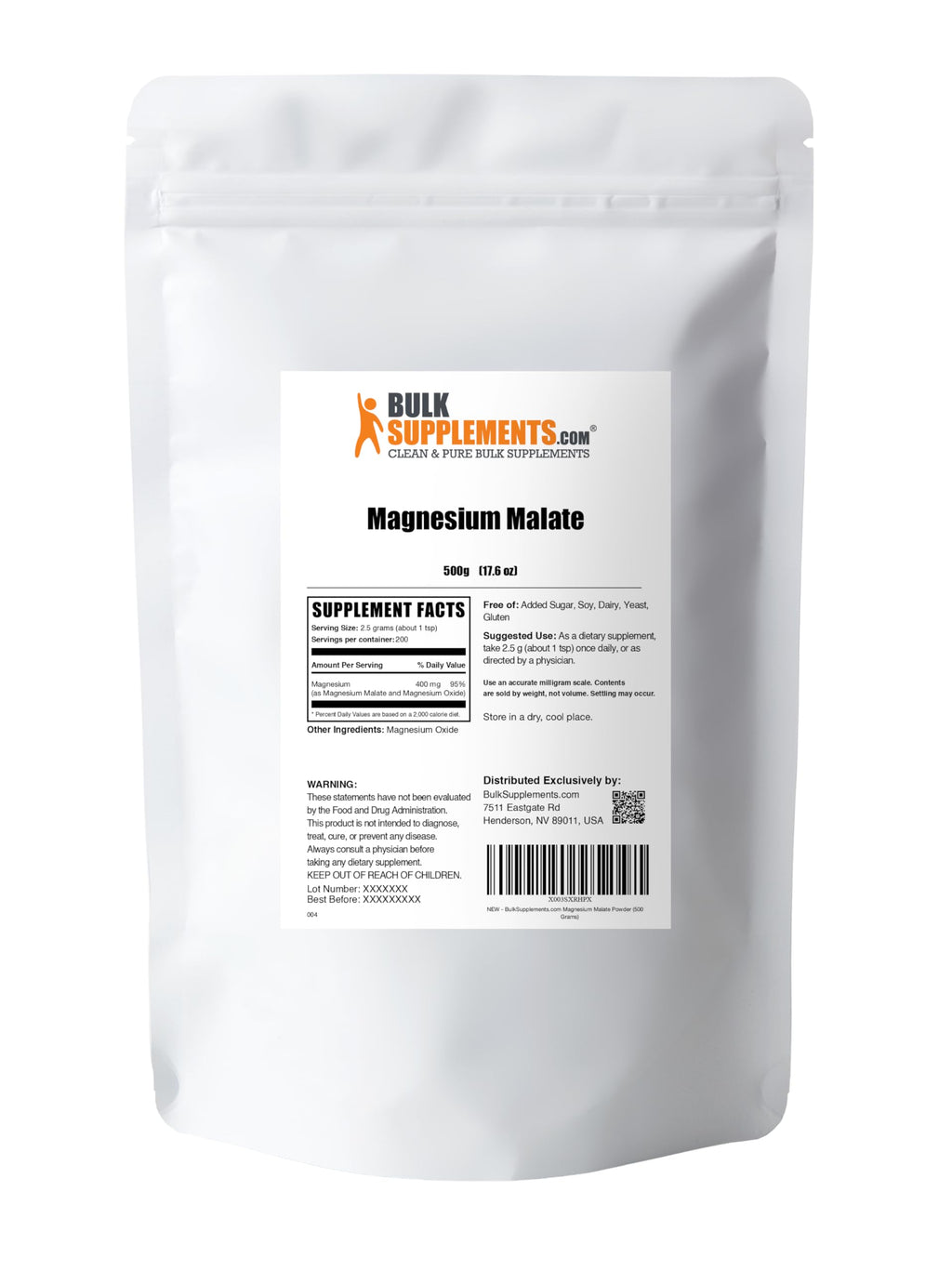BulkSupplements.com Magnesium Malate Powder - Magnesium Supplements, High Bioavailabilty - Unflavored & Gluten Free, 2.5g per Serving, 500g (1.1 lbs) (Pack of 1)