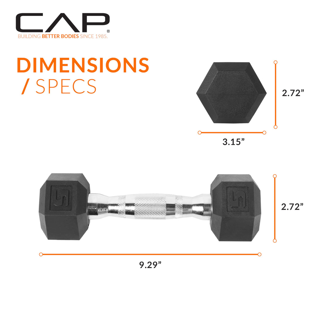 CAP Barbell 5 LB Rubber Coated Hex Dumbbell Hand Weight - Pair | Chrome Handle