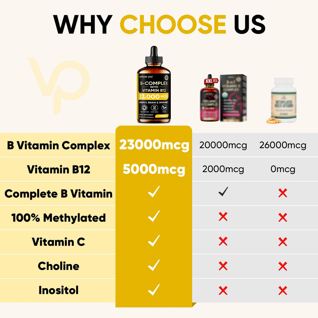 Venture Pal Vitamin B Complex Liquid Drops, B12 Methylcobalamin | B9 Folic | B1,B2,B3,B5,B6,B15 - Vitamin C, Choline, Inositol, Immune & Energy Metabolism, Brain & Heart Support