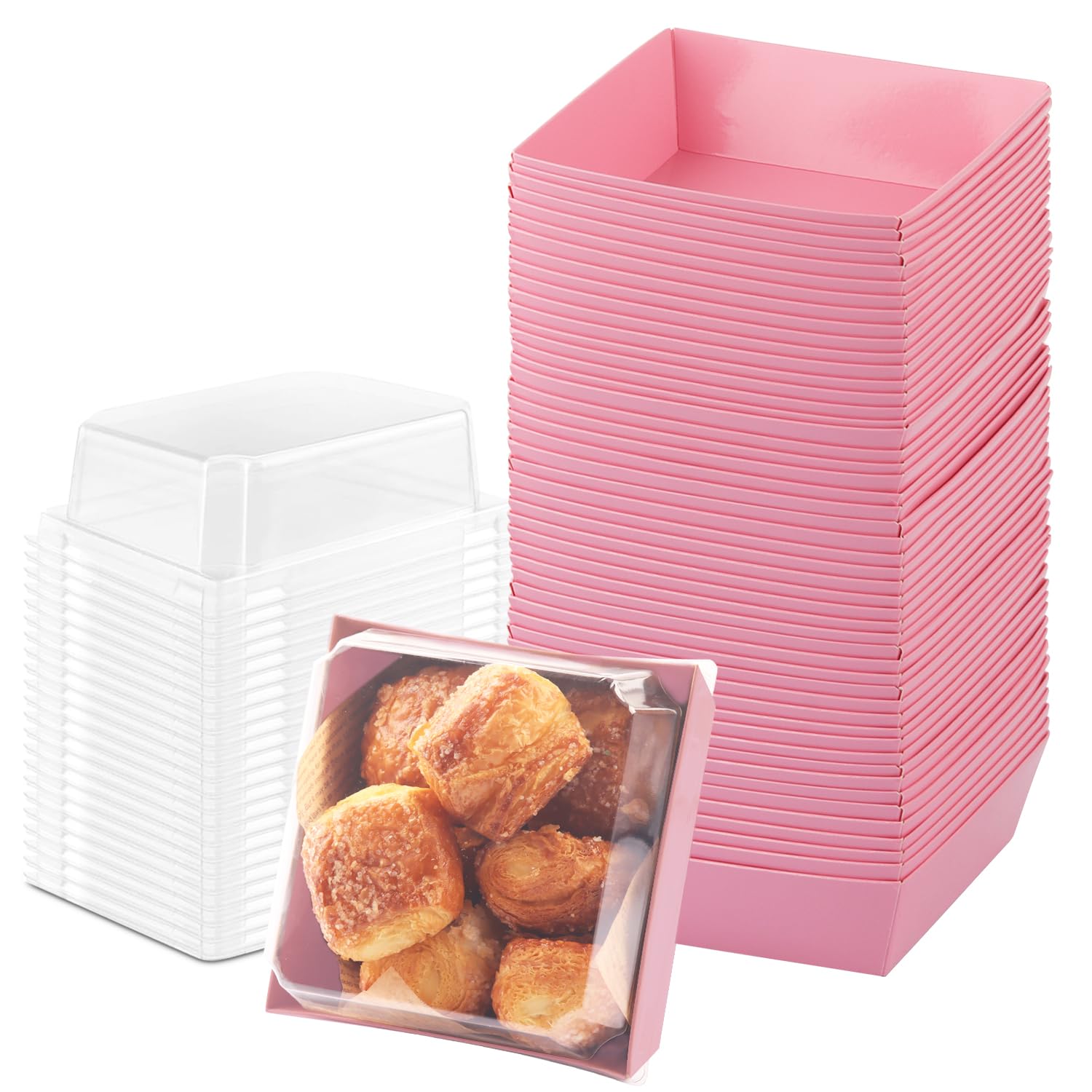 BUIYLV 50 Pack Charcuterie Boxes with Clear Lids, 4 Inches Pink Dessert Boxes To Go Disposable Mini Charcuterie Boxes for Cookie, Sandwich, Strawberry, Cupcake, Macaron, Cake Slice