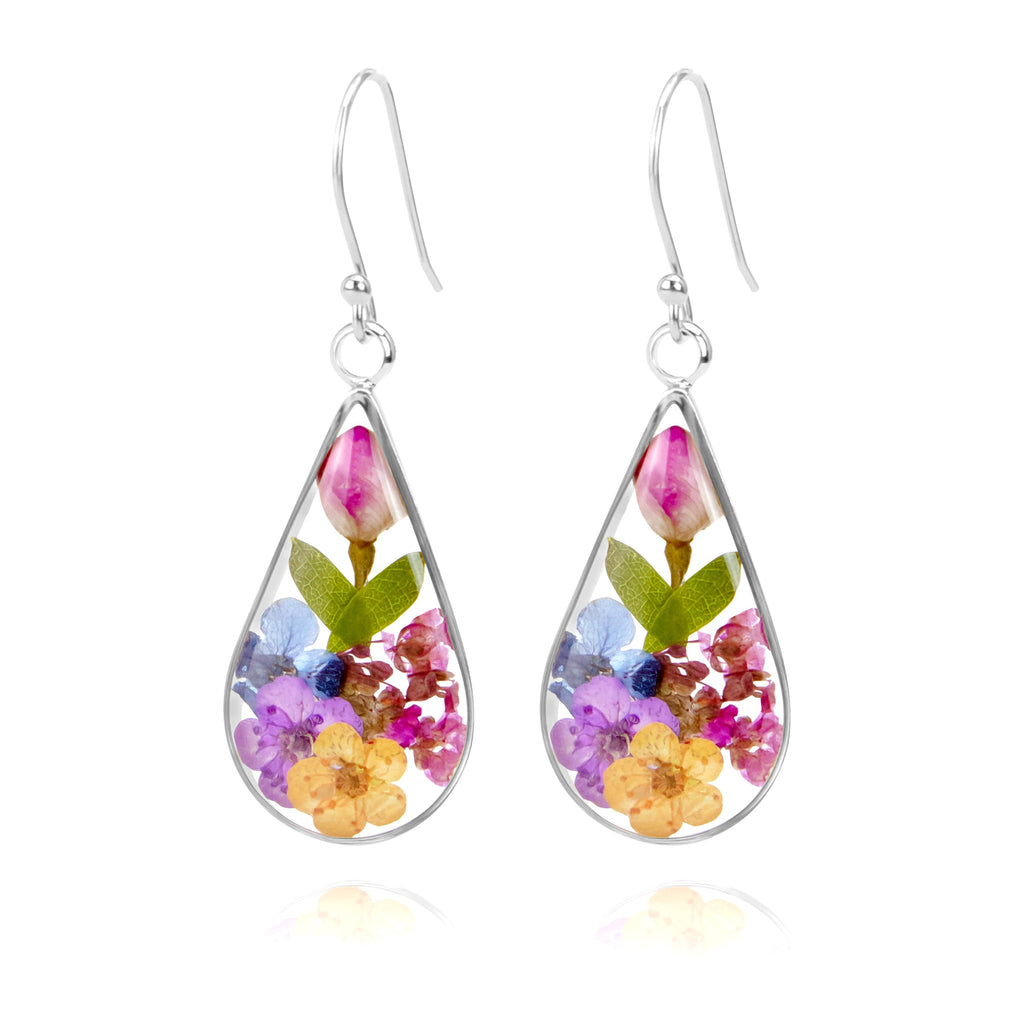 925 Sterling Silver Pressed Flower Teardrop Earrings,Hypoallergenic Women's Jewelry Gift for Mom and Wife,Handmade Natural Dried Flower Teardrop Earrings Jewelry Gift