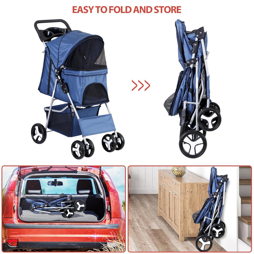 LEMY Pet Stroller,4 Wheels Dog Cat Stroller with Storage Basket&Cup Holder,Folding Dog Cat Cage Jogger Strollers for Small Medium Dogs Cats Travel,Navy Blue