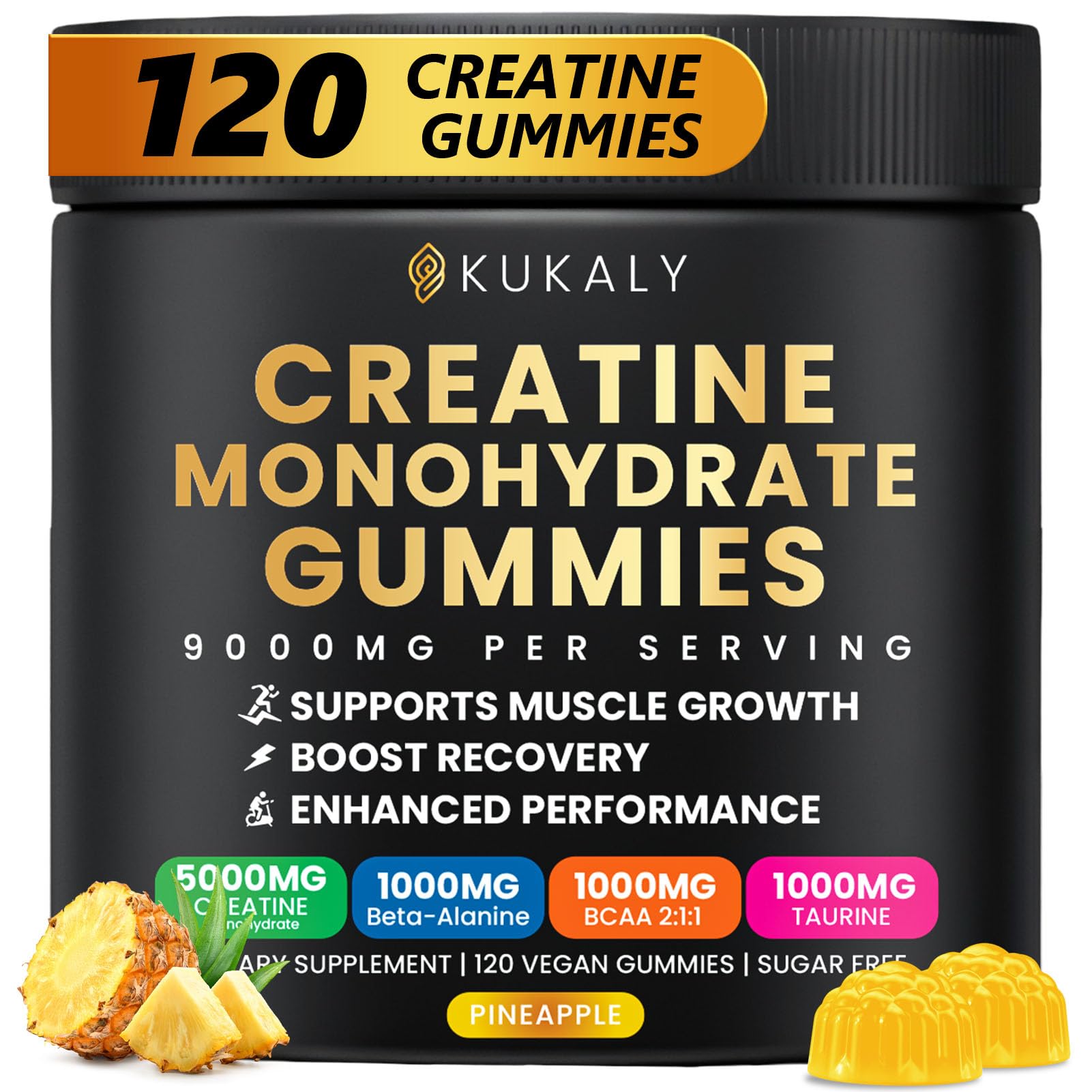 ZyterX Creatine Monohydrate Gummies for Men & Women, 9000MG Creatine Gummies Sugar Free with L-Taurine, BCAA 2:1, B12 B6 for Boost Strength, Focus & Endurance, Vegan, Non-GMO, Pineapple 120pcs