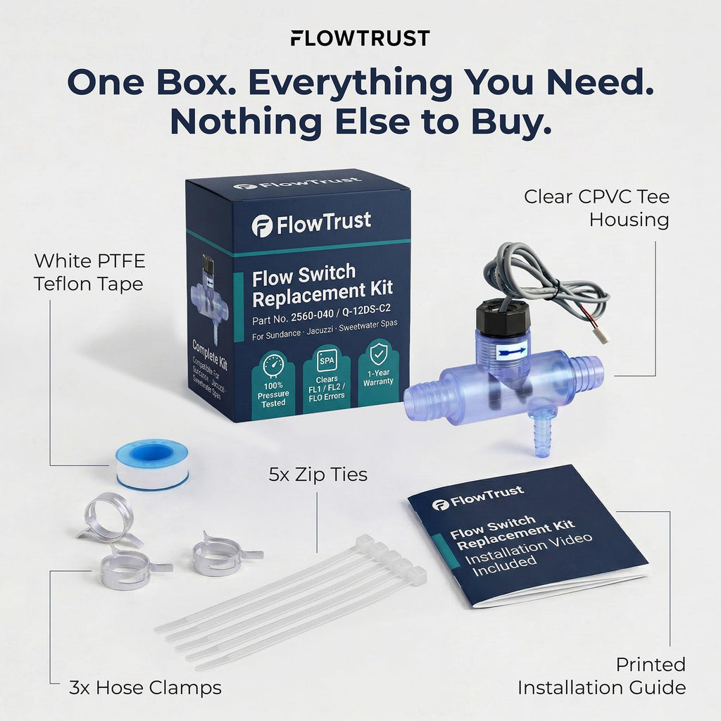 FlowTrust Hot Tub Flow Switch 2560-040 (Q-12DS-C2) – Replacement for Jacuzzi & Sundance Spa – Fixes FLO / FL1 / FL2 Error Codes – OEM Grade Plug & Play with Complete Install Kit