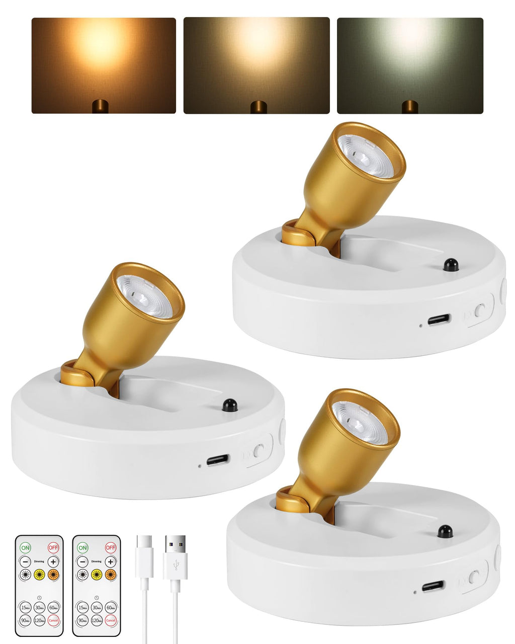 EZVALO 3-Pack Spotlight Indoor, Rechargeable Battery Picture Lights, Wireless Uplights with Remote, Dimmable, ⁠3 Color Temperatures⁠, Timer, Accent Lighting for Plants, Trees, Art, Displays