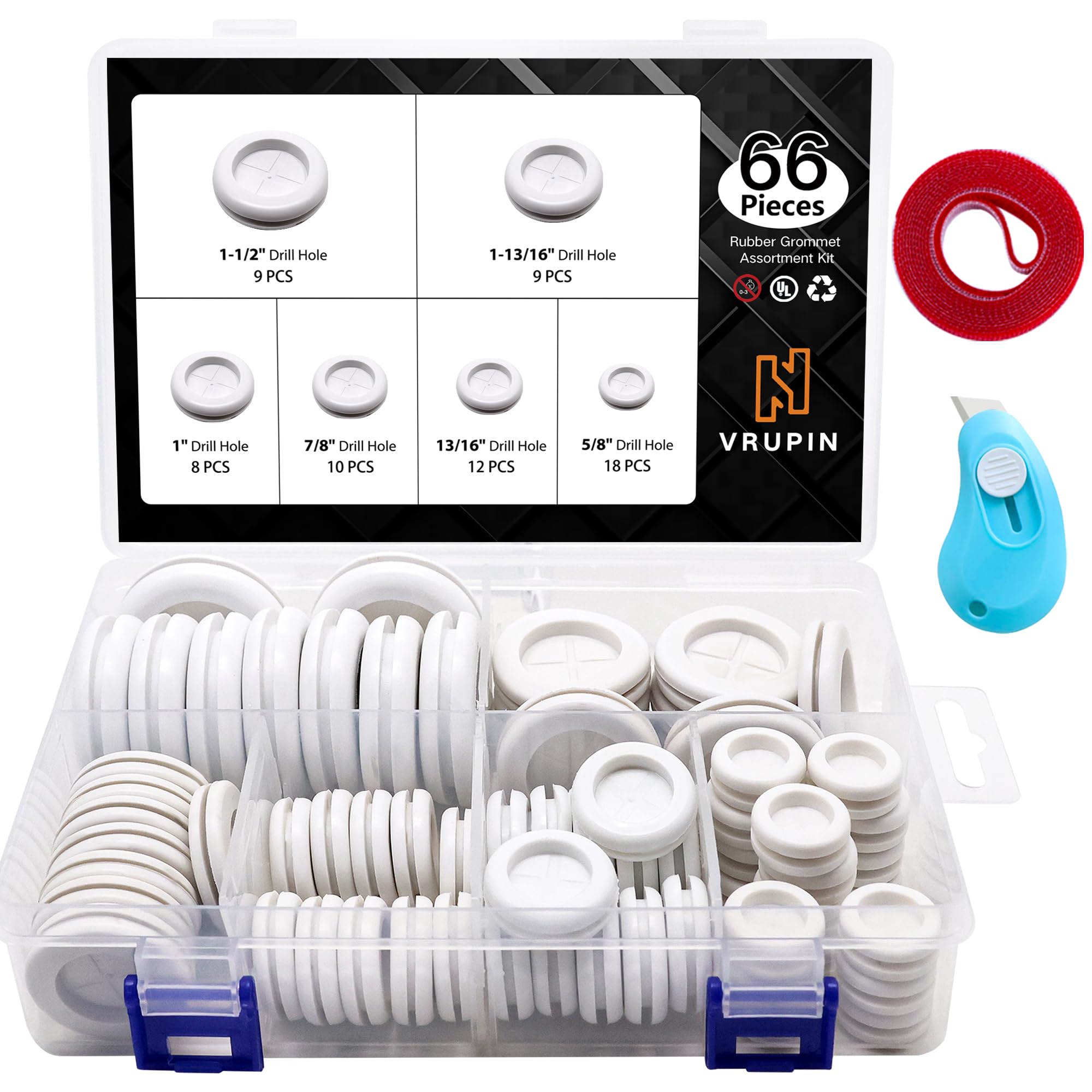 66Pcs Rubber Grommet Assorted Kit, Drill Hole Firewall Hole Plugs Wire Protection, 6 Sizes 1-13/16" 1-1/2" 1" 7/8" 5/8" 3/16"