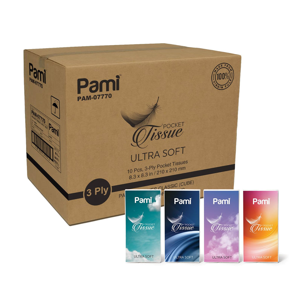 PAMI Ultra-Soft Pocket Tissues [Case of 24 Packs of 8 x 10 Tissues] - 3-Ply Travel Tissue Packs For Kids & Adults- Paper Facial Tissues For Purse, Pocket, Car- Strong & Absorbent Paper Handkerchiefs