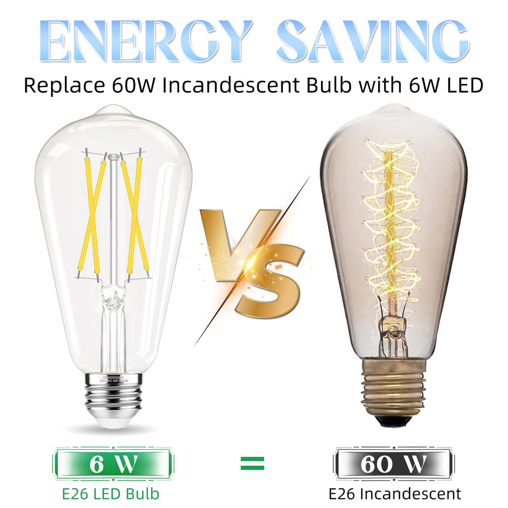 GvvooHome Edison Bulbs E26 LED Bulb 60 watt Equivalent 4000K Daylight White