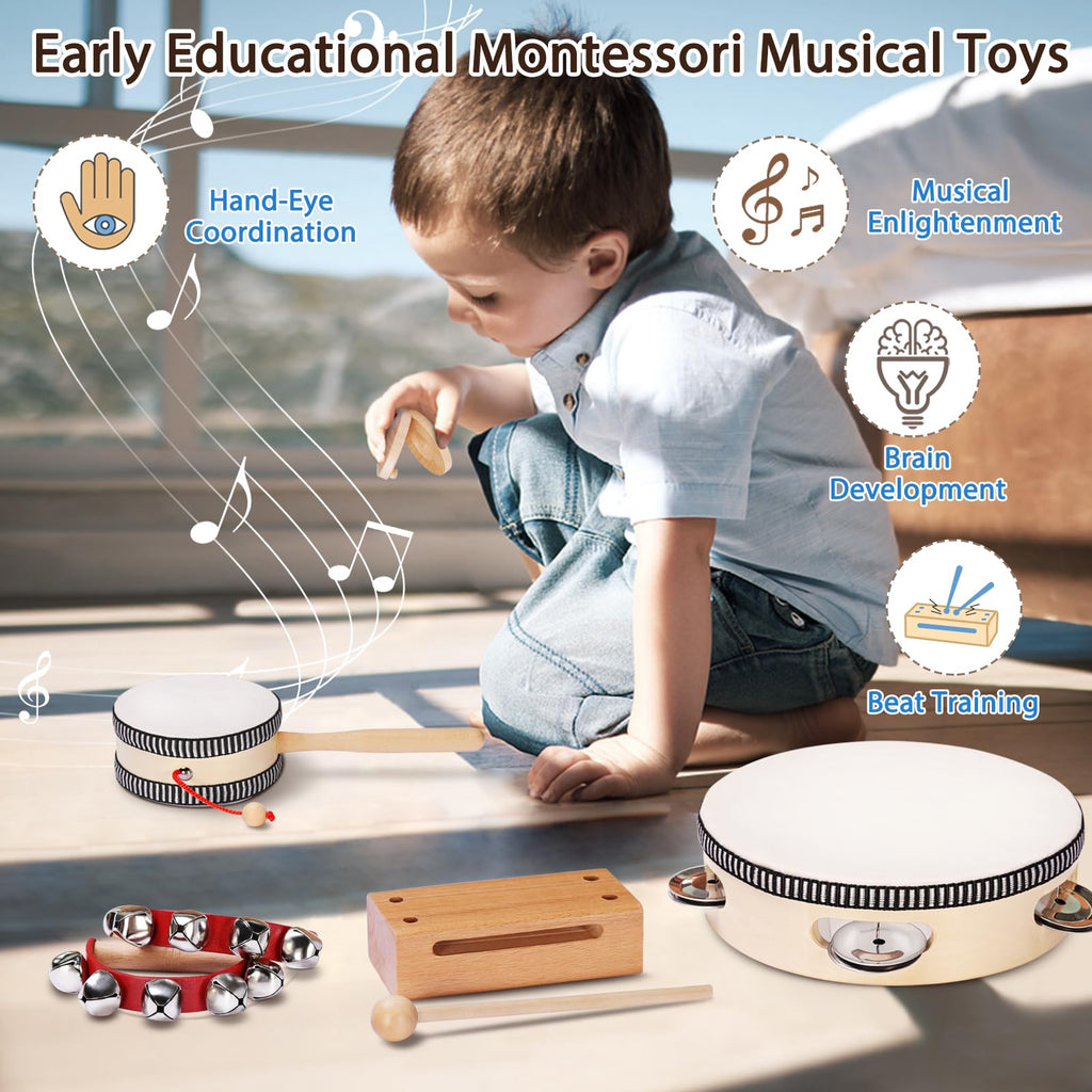 LOOIKOOS Toddler Musical Instruments Montessori Natural Wooden Percussion Instruments for Kids Preschool Educational Musical Toys Set for Boys and Girls with Storage Bag