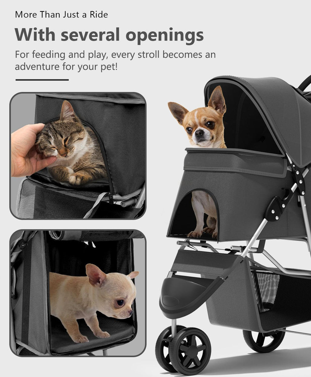 OS MOTOR Pet Stroller with 3 Wheels for Small/Medium Pets, Portable Travel Foldable Carrier Jogger for Dog Cat Puppy Kitty, Rear Wheel Breaks, Storage Basket, Visible Mesh with Weather Cover (Black)