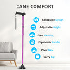 REHAND Walking Cane for Men & Women - Foldable, Adjustable, Lightweight, Self Standing Pivot Walking Cane, Soft Handle Grip, with Travel Bag, Walking Sticks for Seniors & Adults (Purple)