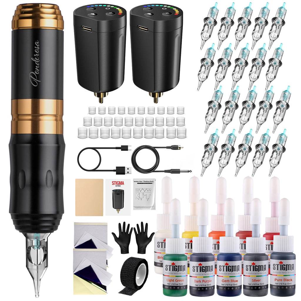 STIGMA Wireless Tattoo Gun Kit Complete with Pro Short Pen, 2 Batteries, 20 Tattoo Cartridge Needles, Color Set, Full Tattoo Accessories STP35TI4002-9