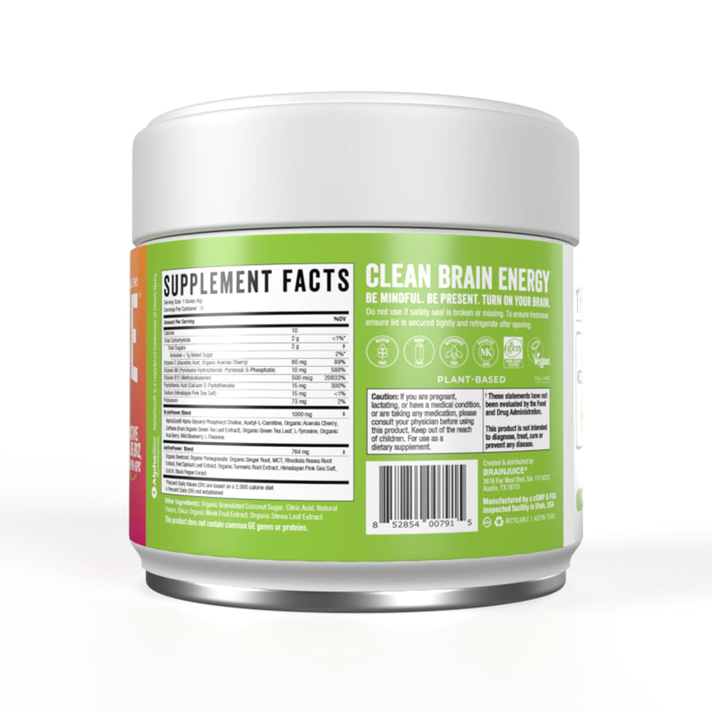 BrainJuice Nootropics Brain Support Supplement, Gluten Free Powder for Energy and Focus, Drink Mix with L Theanine, Alpha GPC, Vitamin B, Organic Green Tea Extract (Active Pomegranate Acai)
