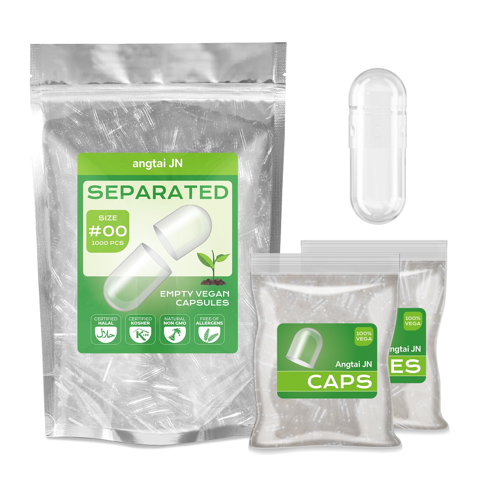 Angtai JN Empty Capsules Size 00 Separated Vegan Pill Caps Plant Based Clear (1,000 Caps+1,000 Bodies) Gluten Free, Non-GMO, Halal Certified Filling Kit for Vegetarian DIY Your Own Supplements